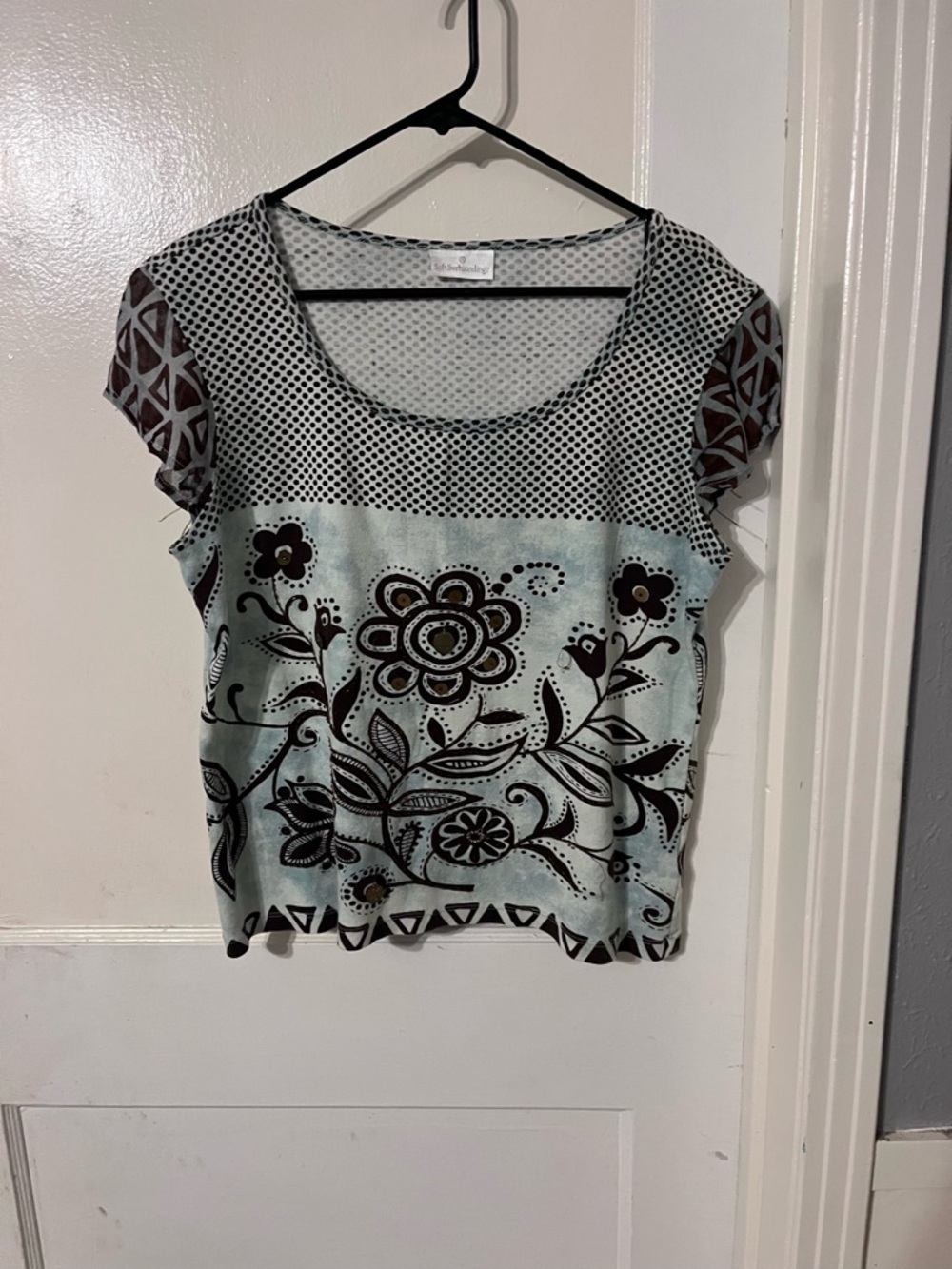 Scoop Neck Floral Print Short Sleeve Top - Light Blue